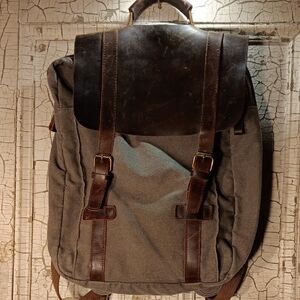 Brown Leather and Gray Canvas Backpack